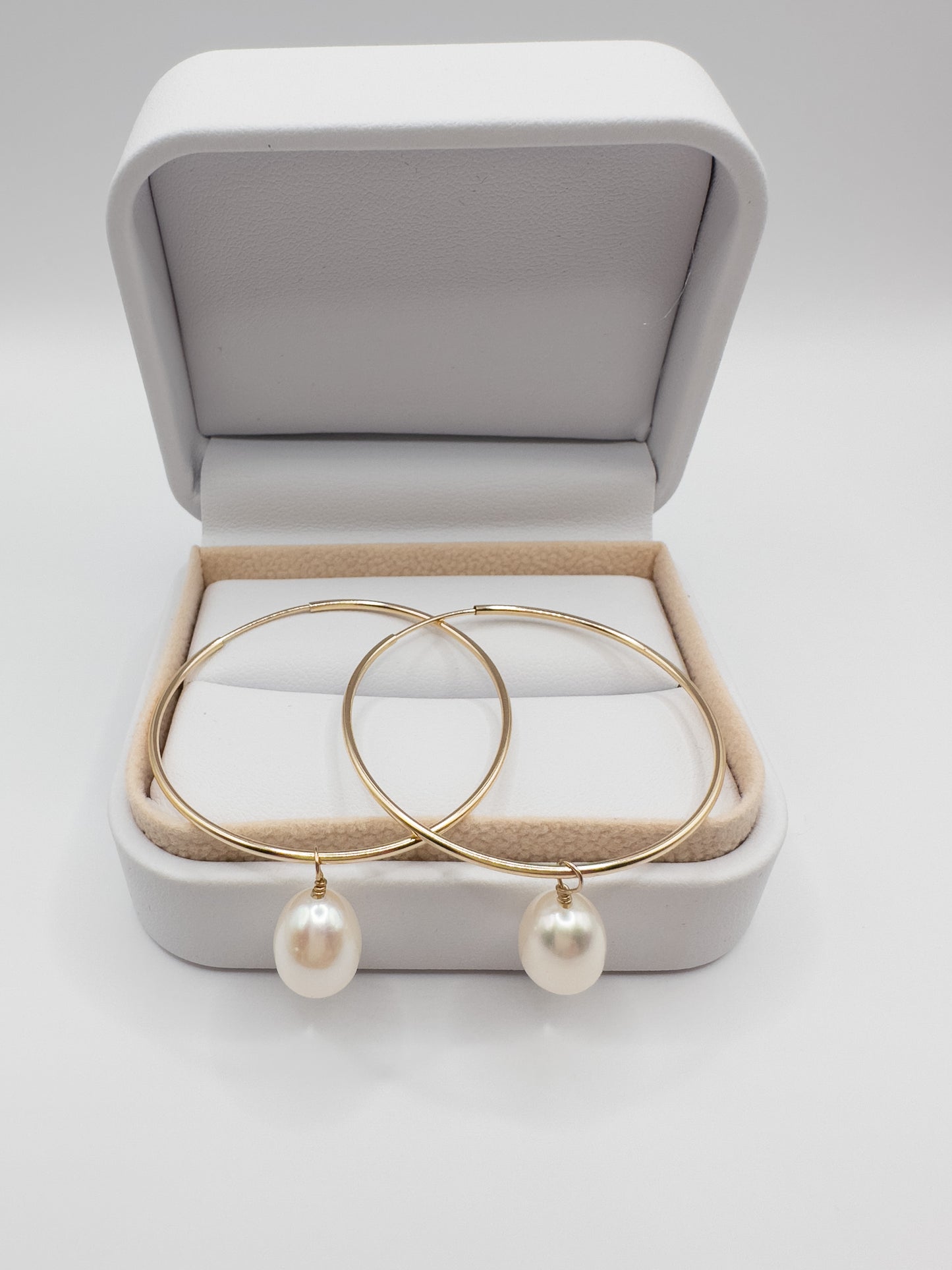 OS gold filled & natural pearl large hoops.