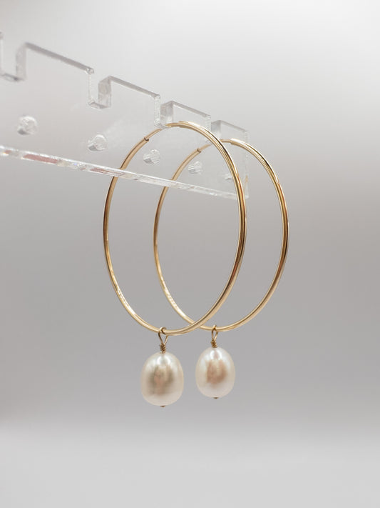 OS gold filled & natural pearl large hoops.