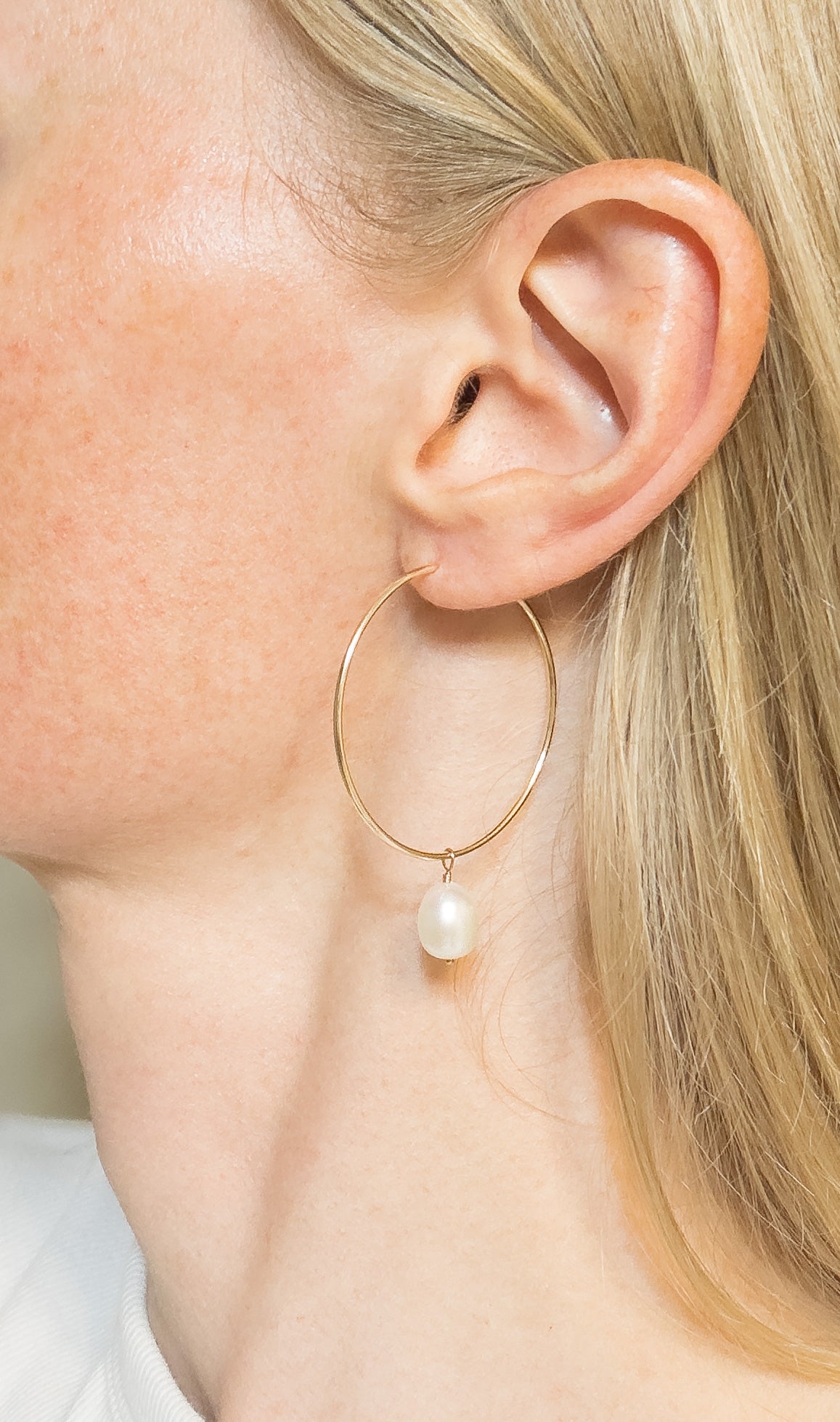 OS gold filled & natural pearl large hoops.